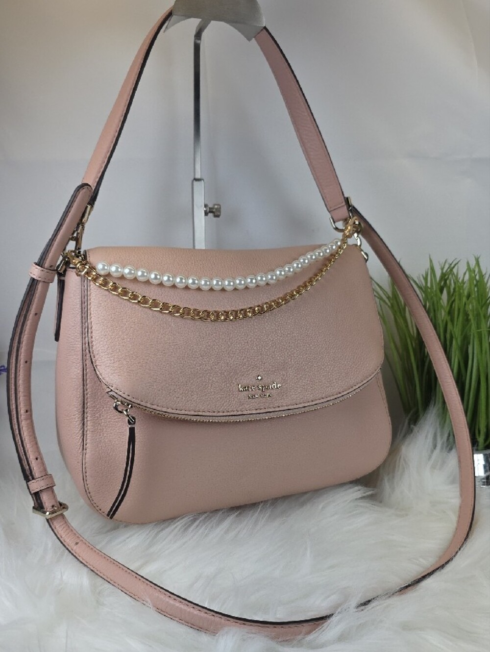kate spade Blush Pink Leather Shoulder Bag with Pearl & Gold Chain